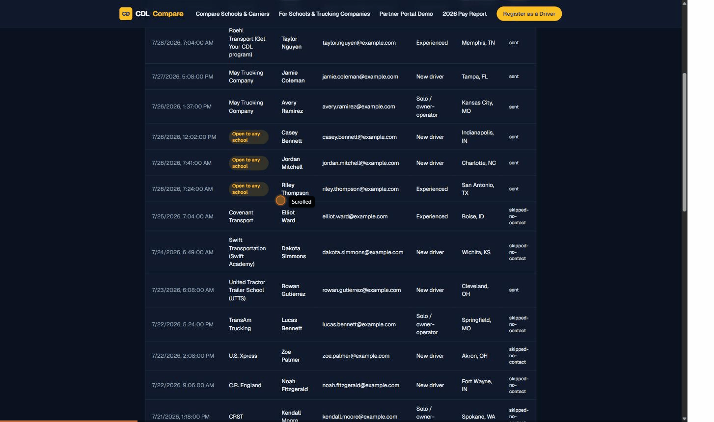 Screen recording of filtering the applicant portal by school